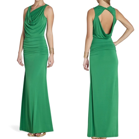 bcbg satin draped back maxi dress